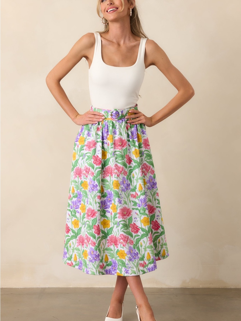 Prosperina THENA GARDEN PARTY FLORAL COTTON BELTED MIDI SKIRT Sz M.